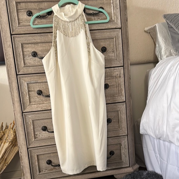 Aidan Mattox Cream and Gold Halter Sheath rhinestone, accented, Midi Dress - Picture 1 of 4